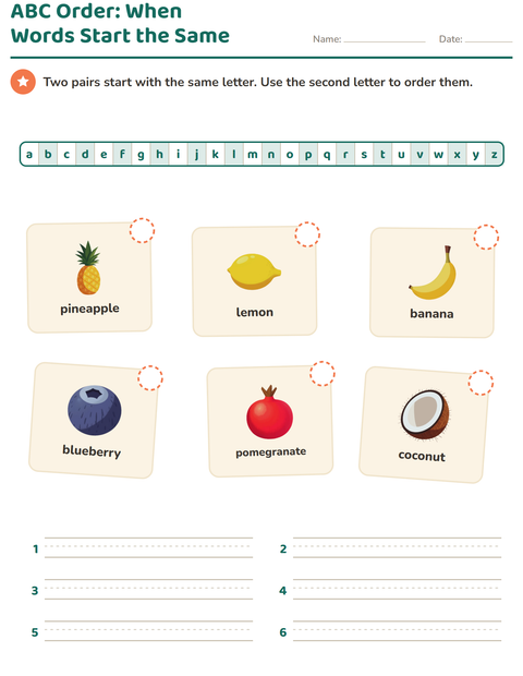 Preview of Alphabetical Order worksheet featuring Fruits for grade 1