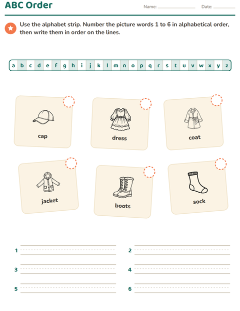 Preview of Alphabetical Order worksheet featuring Apparel BW for grade 1