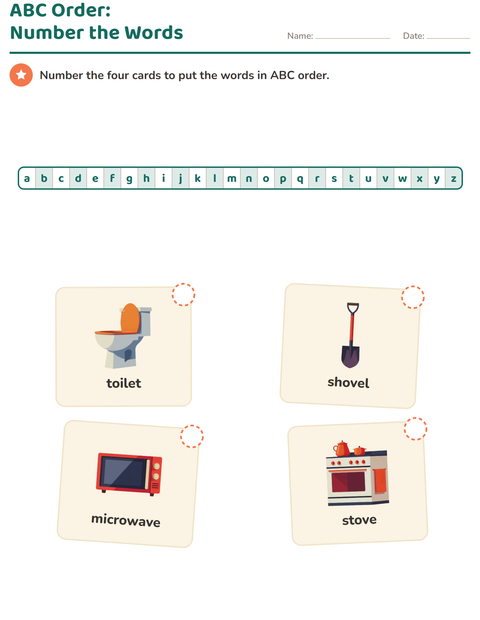 Preview of Alphabetical Order worksheet featuring Around the House for grade 1