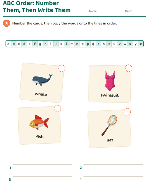 Preview of Alphabetical Order worksheet featuring Beach for grade 1
