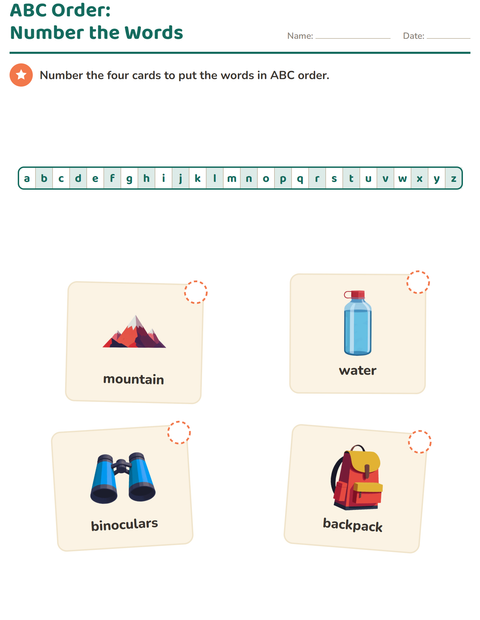 Preview of Alphabetical Order worksheet featuring Camping for grade 1