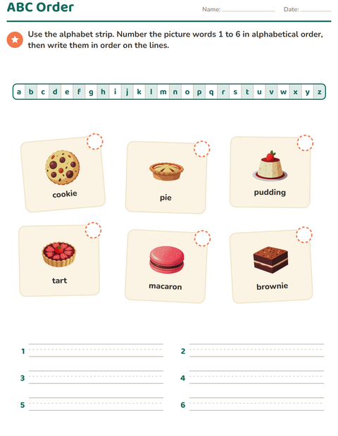 Preview of Alphabetical Order worksheet featuring Desserts and Sweets for grade 1