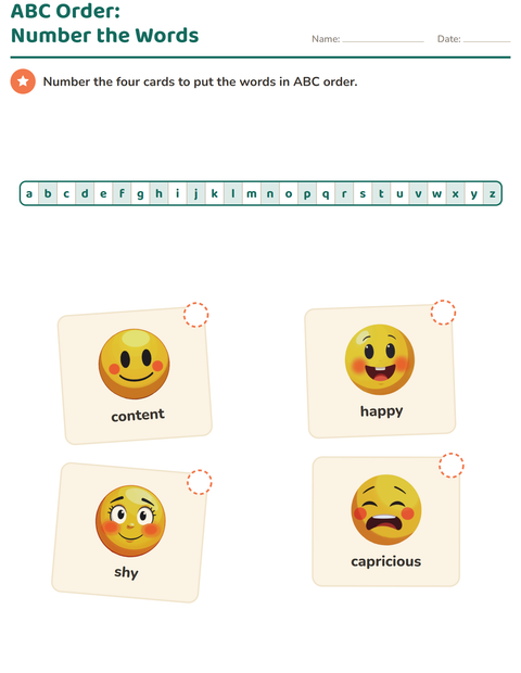 Preview of Alphabetical Order worksheet featuring Emotions for grade 1