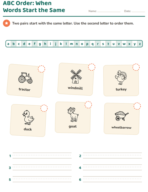 Preview of Alphabetical Order worksheet featuring Farm BW for grade 1