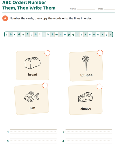 Preview of Alphabetical Order worksheet featuring Food BW for grade 1
