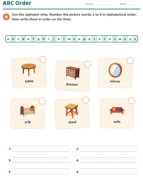 Preview of Alphabetical Order worksheet featuring Furniture for grade 1