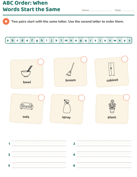 Preview of Alphabetical Order worksheet featuring Household BW for grade 1
