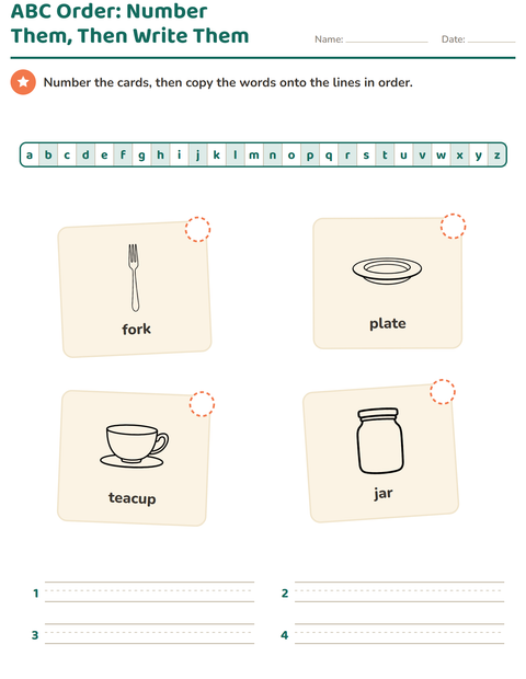 Preview of Alphabetical Order worksheet featuring Kitchen BW for grade 1