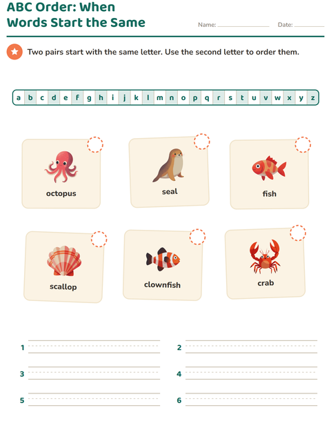 Preview of Alphabetical Order worksheet featuring Ocean Life for grade 1