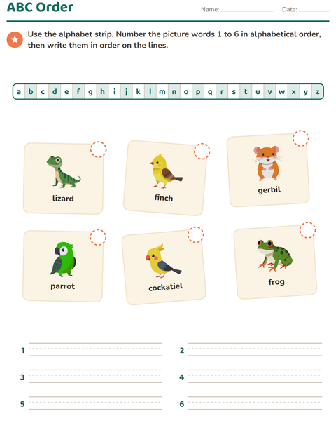 Preview of Alphabetical Order worksheet featuring Pets for grade 1
