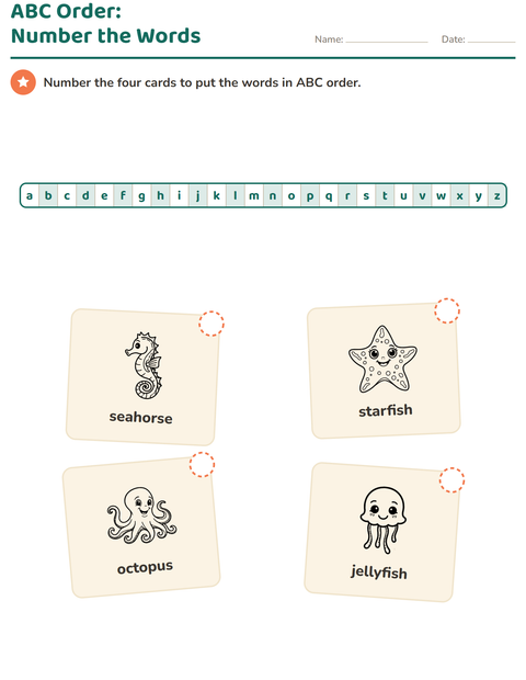 Preview of Alphabetical Order worksheet featuring Sea Life BW 2 for grade 1
