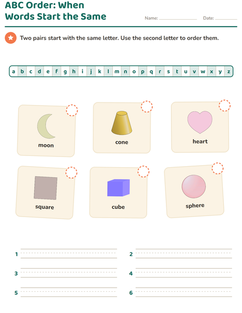 Preview of Alphabetical Order worksheet featuring Shapes for grade 1