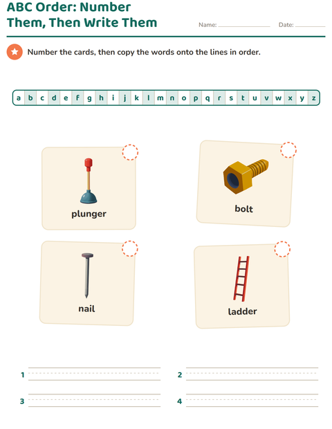 Preview of Alphabetical Order worksheet featuring Tools for grade 1
