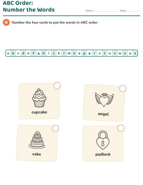 Preview of Alphabetical Order worksheet featuring Valentine BW for grade 1