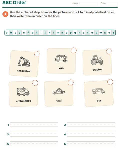 Preview of Alphabetical Order worksheet featuring Vehicles BW 2 for grade 1