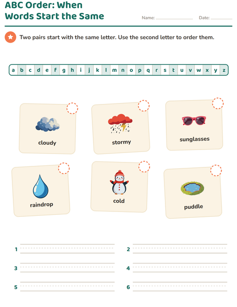 Preview of Alphabetical Order worksheet featuring Weather for grade 1