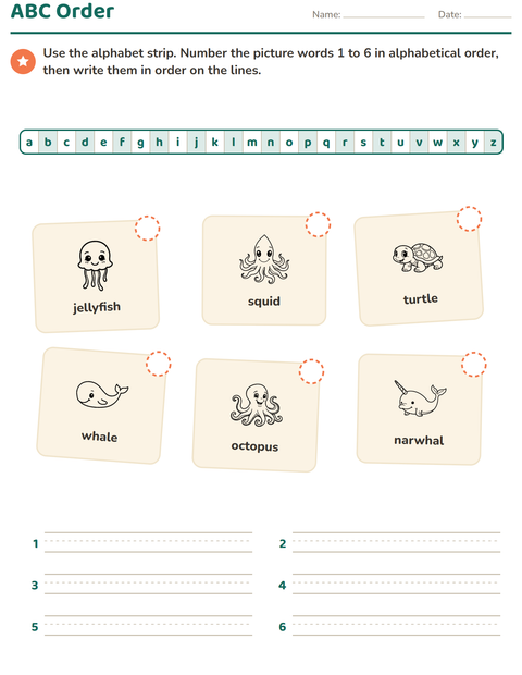 Preview of Alphabetical Order worksheet featuring Sea Life BW 2 for grade 1
