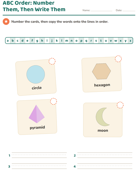 Preview of Alphabetical Order worksheet featuring Shapes for grade 1