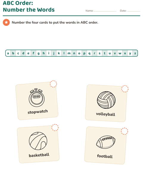 Preview of Alphabetical Order worksheet featuring Sports BW 2 for grade 1