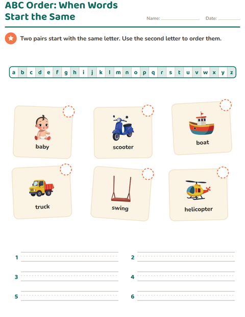 Preview of ABC Order When Words Start the Same: Baby, Boat, Scooter, Swing