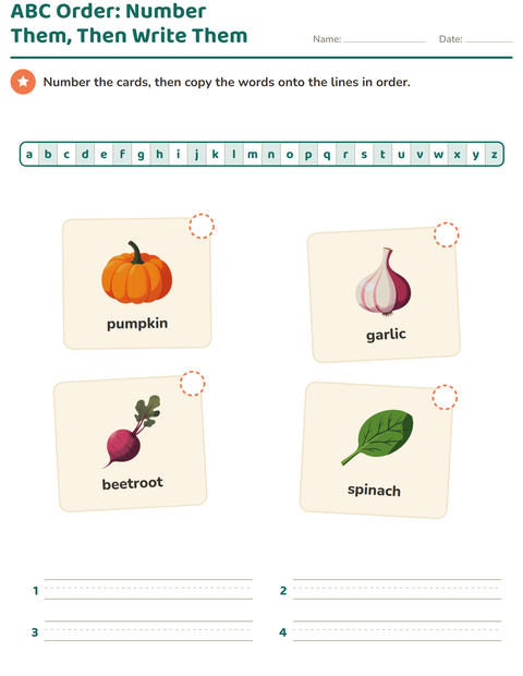 Preview of Alphabetical Order worksheet featuring Vegetables for grade 1