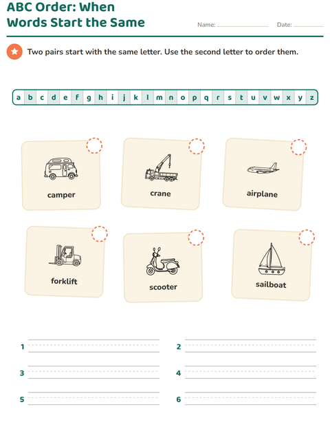 Preview of Alphabetical Order worksheet featuring Vehicles BW for grade 1