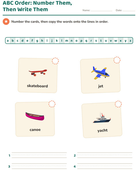 ABC Order: Number the Cards, Then Write Them on the Lines