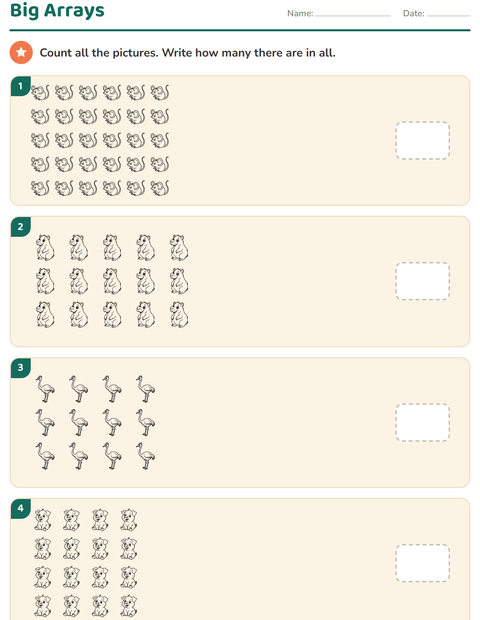 Preview of Arrays and Multiplication worksheet featuring Animals BW for grade 3