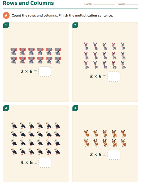 Preview of Arrays and Multiplication worksheet featuring Animals for grade 2