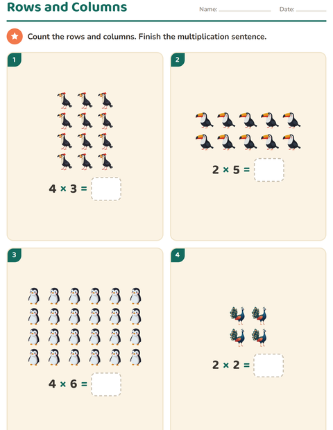 Preview of Arrays and Multiplication worksheet featuring Birds for grade 2