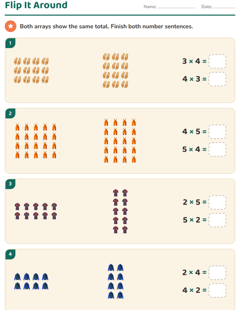 Preview of Arrays and Multiplication worksheet featuring Clothing for grade 3
