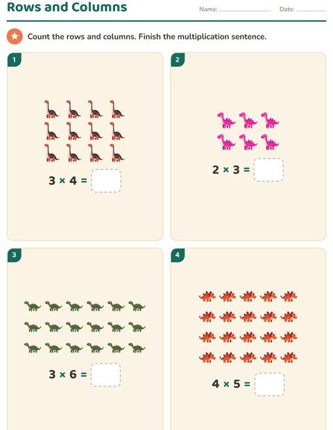 Preview of Arrays and Multiplication worksheet featuring Dinosaurs for grade 2