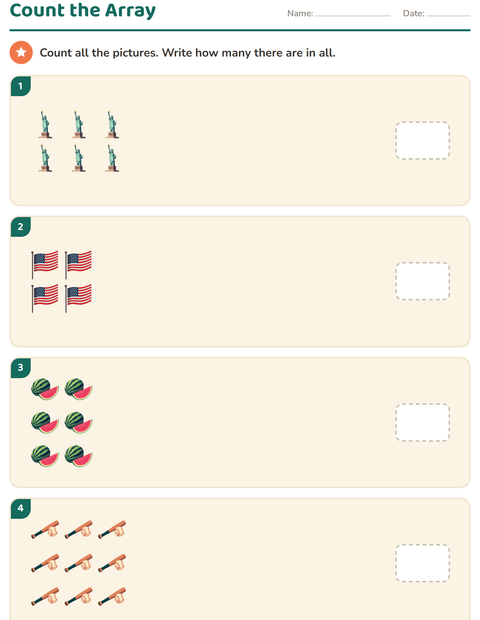 Preview of Arrays and Multiplication worksheet featuring 4th of July for kindergarten