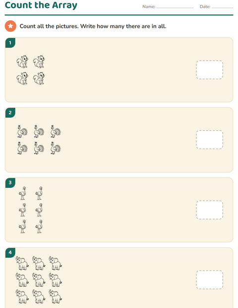 Preview of Arrays and Multiplication worksheet featuring Animals BW 5 for kindergarten