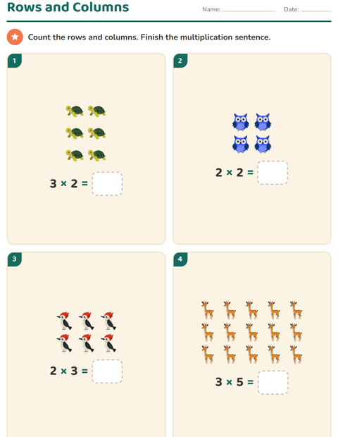 Preview of Arrays and Multiplication worksheet featuring Animals for grade 2
