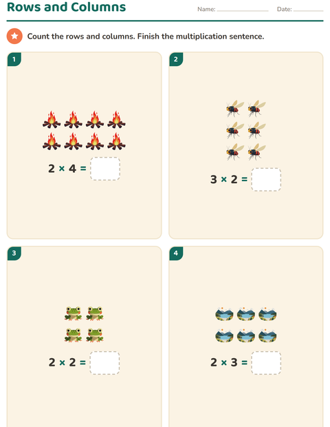 Preview of Arrays and Multiplication worksheet featuring Camping for grade 2