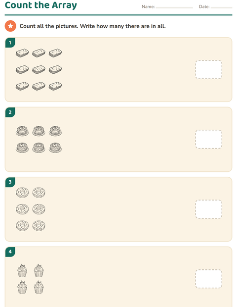Preview of Arrays and Multiplication worksheet featuring Dessert (B&W) for kindergarten