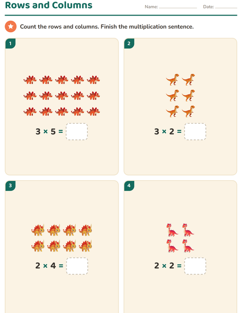 Preview of Arrays and Multiplication worksheet featuring Dinosaurs for grade 2