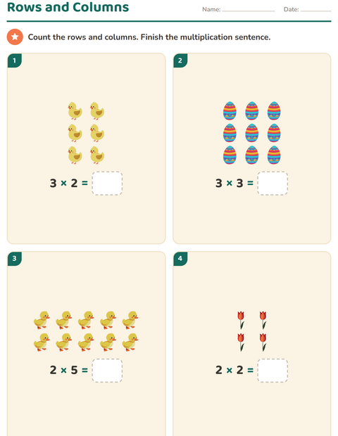 Preview of Arrays and Multiplication worksheet featuring Easter for grade 2