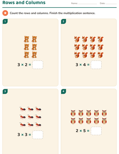 Preview of Arrays and Multiplication worksheet featuring Forest Creatures for grade 2