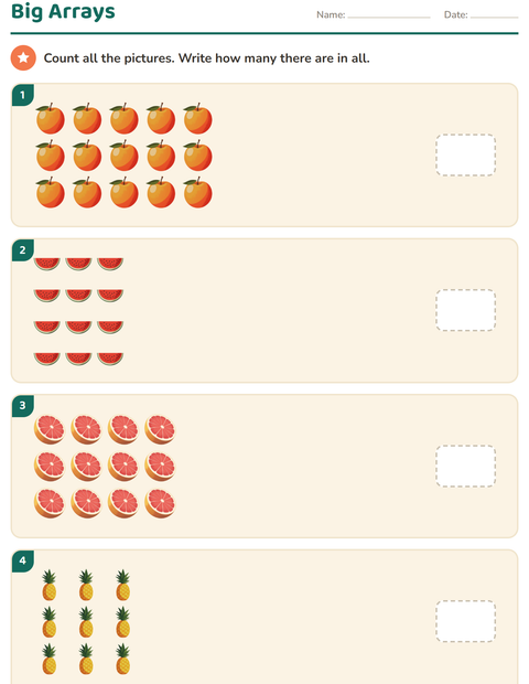 Preview of Arrays and Multiplication worksheet featuring Fruits for grade 3