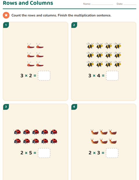 Preview of Arrays and Multiplication worksheet featuring Insects and Bugs for grade 2