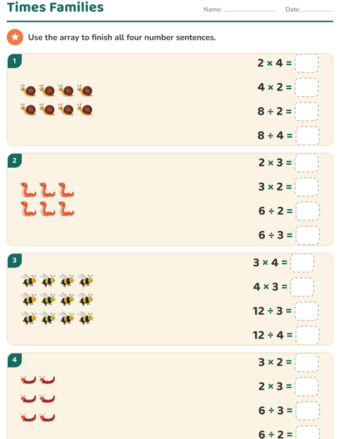 Preview of Arrays and Multiplication worksheet featuring Insects and Bugs for grade 3