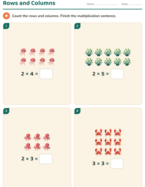 Preview of Arrays and Multiplication worksheet featuring Ocean Life for grade 2