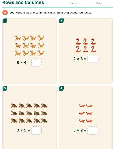 Preview of Arrays and Multiplication worksheet featuring Reptiles and Amphibians for grade 2