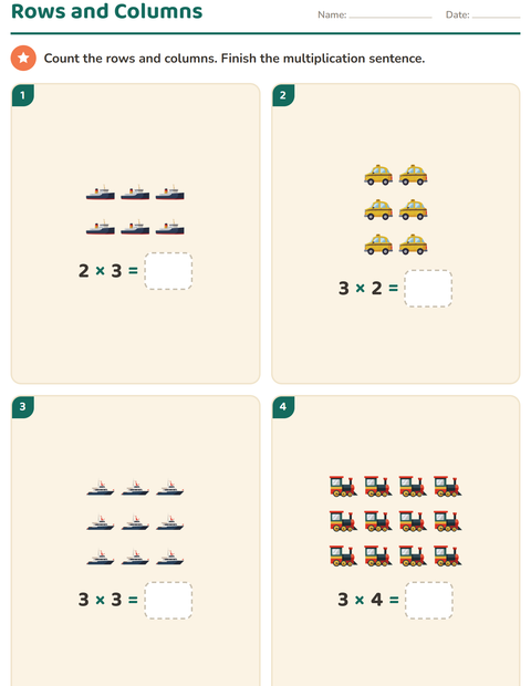 Preview of Arrays and Multiplication worksheet featuring Vehicles for grade 2