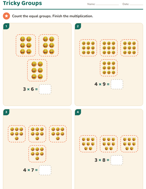 Preview of Arrays and Multiplication worksheet featuring Emotions for grade 3