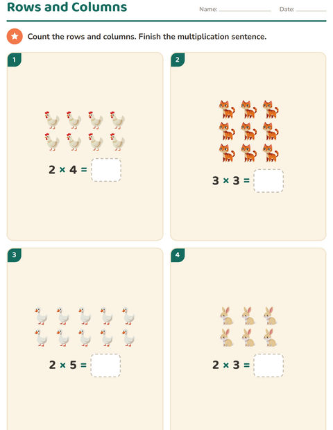 Preview of Arrays and Multiplication worksheet featuring Farm Animals for grade 2