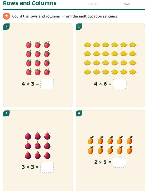 Preview of Arrays and Multiplication worksheet featuring Fruits for grade 2