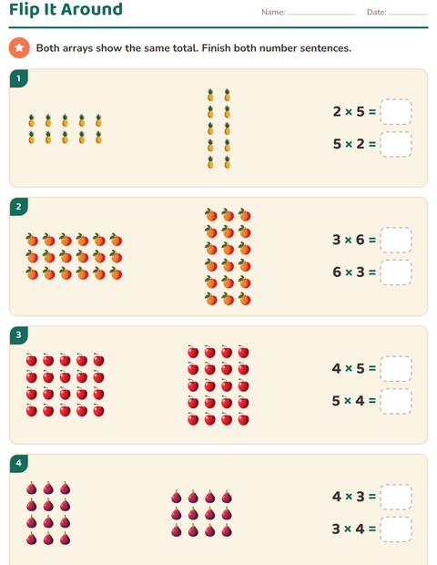 Preview of Arrays and Multiplication worksheet featuring Fruits for grade 3